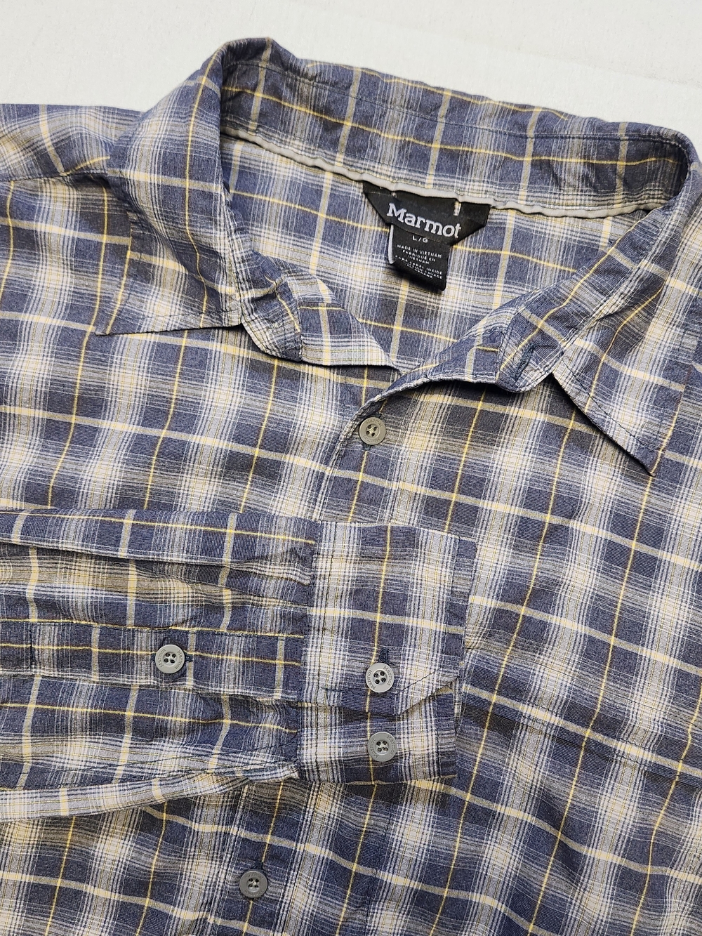 Marmot Mens L Long Sleeve Plaid Button Up Shirt Blue Tan Hiking Outdoor Fishing